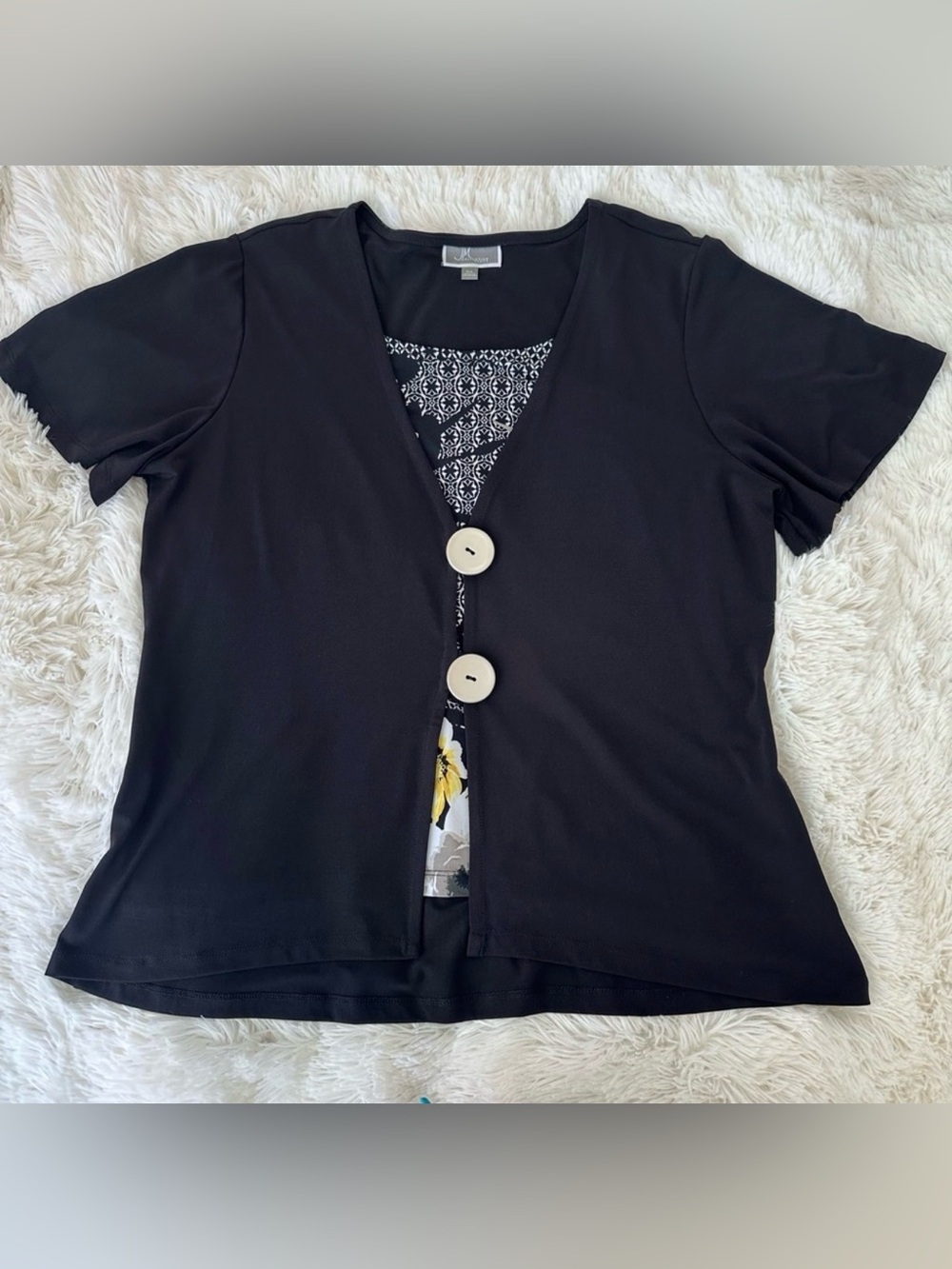 JM Collection Petite Floral Button Front Blouse Black Career Office Top PL Large